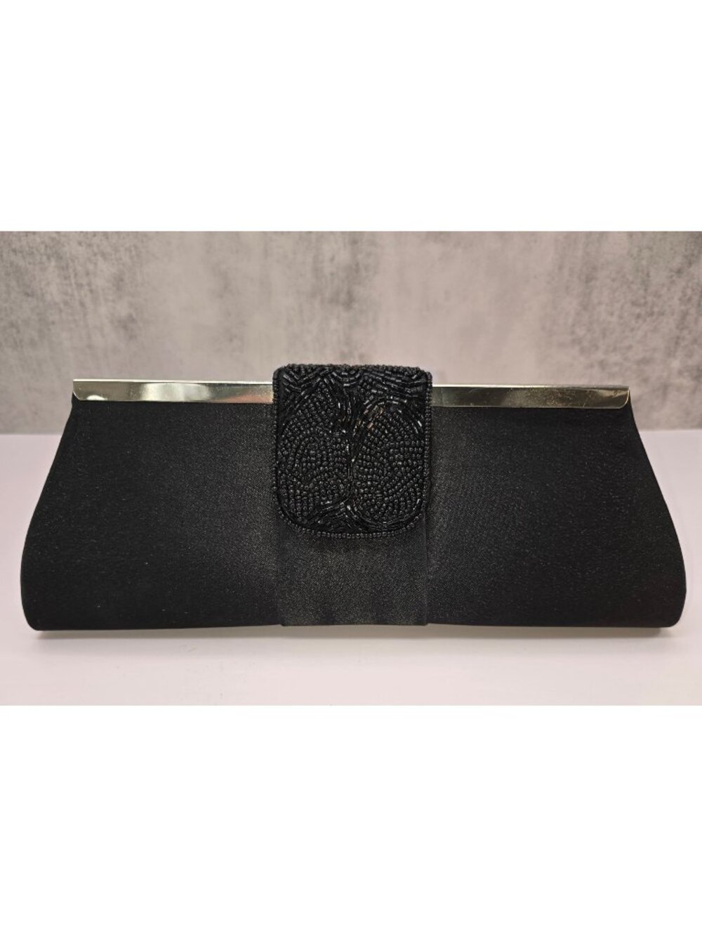 Black Satin Beaded Clutch With Metal Trim Elegant Evening Bag Prom Dance VL5116